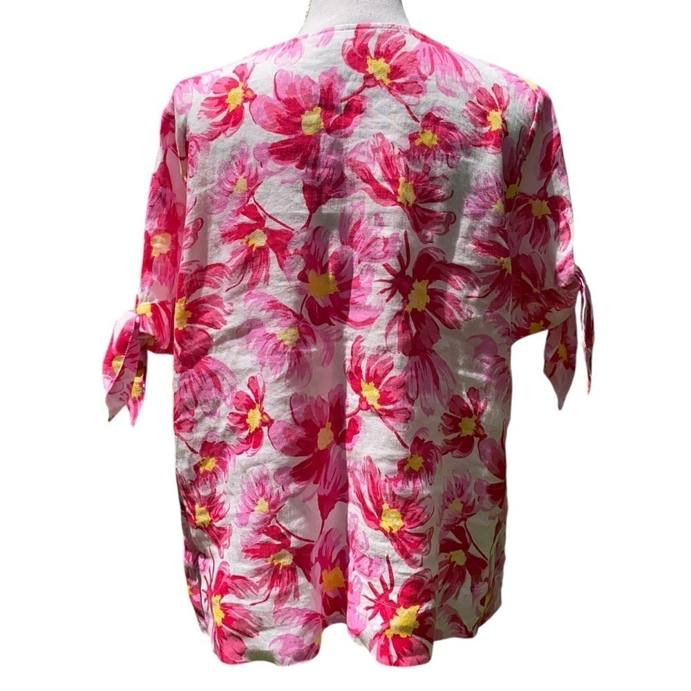 CHARTER CLUB 100% Linen Tropical Floral Pattern Tie Sleeve Blouse SZ LG - Picture 10 of 11